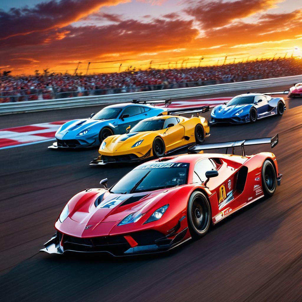 A dynamic racetrack scene with sleek, colorful race cars speeding around sharp turns, showcasing intense competition and excitement. Include cheering crowds in the stands, colorful flags waving, and a thrilling sunset sky as a backdrop. Accentuate the sense of speed with motion blur effects on the cars. HDR photography style. vibrant colors. 3D.