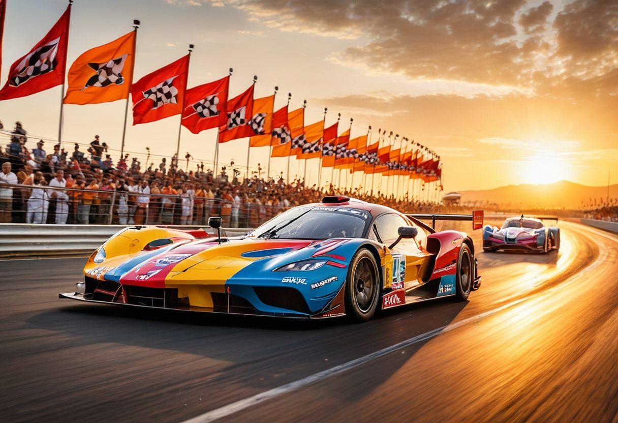 An exhilarating scene of a vibrant motor racing event, featuring diverse car models speeding around a track, with a cheering crowd in the background. Emphasize the energy of the race with motion blur on the cars, and add colorful flags waving in the grandstands. Include banners showcasing different racing teams and a bright horizon hinting at sunset. super-realistic. vibrant colors. dynamic composition.