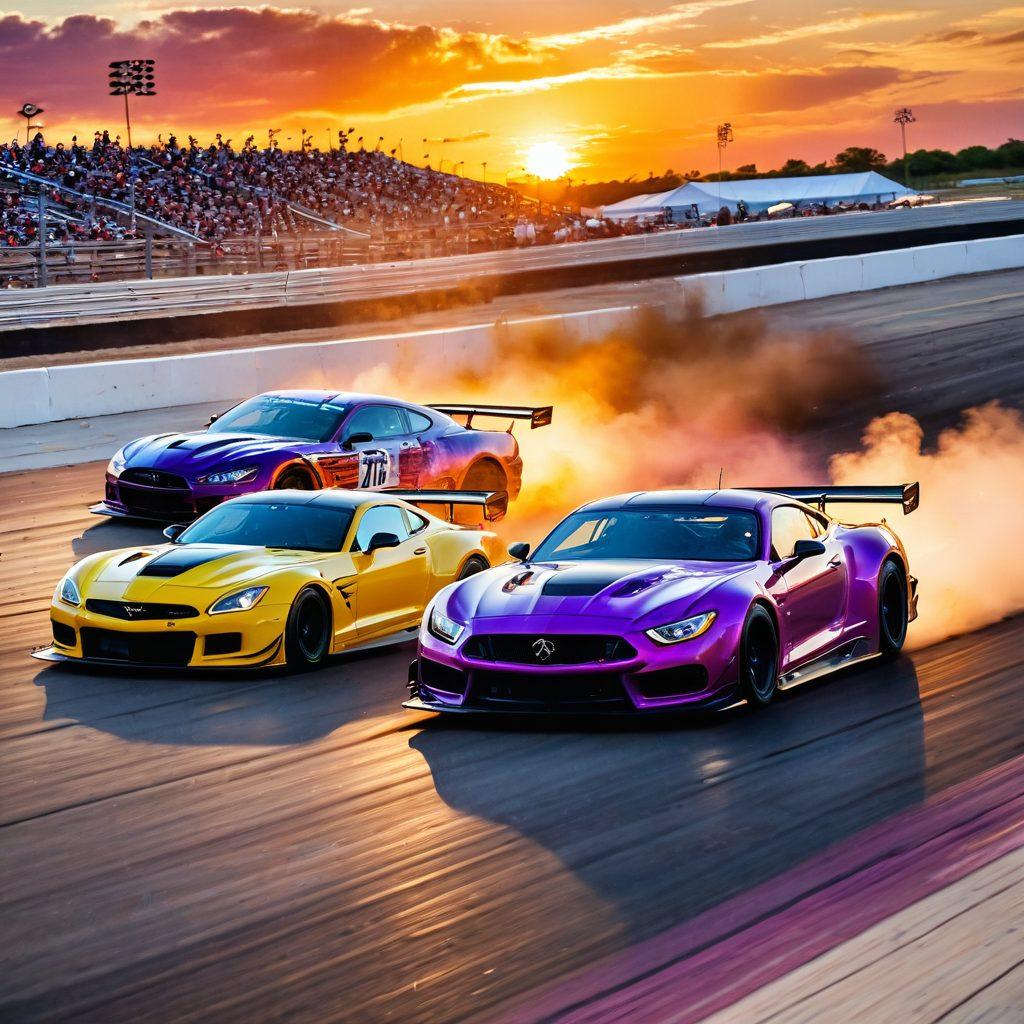A dynamic scene showcasing high-speed racing cars on the track at MidAmerica Motorplex, with spectators cheering in the background. Include a sunset sky with vibrant colors, capturing the thrilling atmosphere of a racing event. The focus should be on the action of cars zooming past, splashes of dirt, and excitement on the faces of the fans. super-realistic. vibrant colors. action-packed.